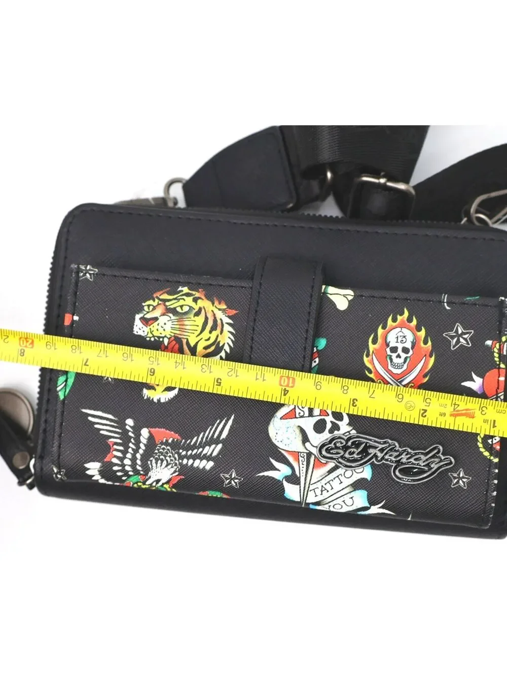 Ed Hardy Black Tattoo Print Crossbody Wallet with Adjustable Strap